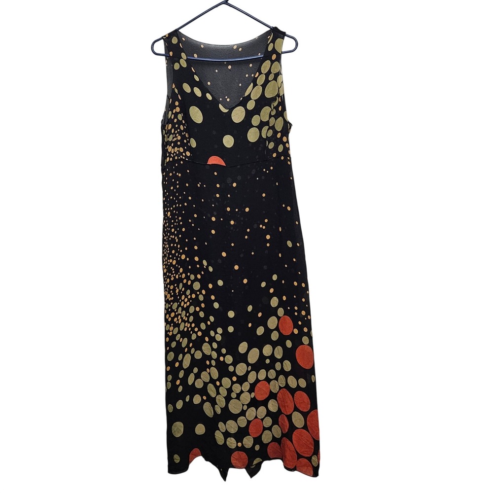 Johnny Was Maxi Dress Womens L Black Silk Polka Dot Boho V-Neck Sleeveless Artsy